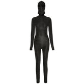 Langärmliger, hochgeschlossener, rückenfreier, hüfthoher, enger Sport-Jumpsuit